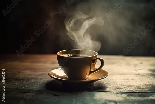 Cup of hot coffe on rustic wooden background, generative ai.
