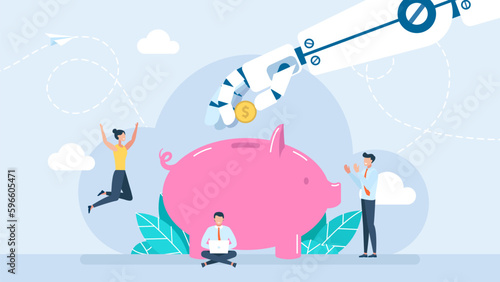 Robot arm putting golden coin money into savings piggybank. Artificial Intelligence. Robot Hand saving coin in the piggy bank. Automatic investment or savings. Ai saving money. Vector illustration
