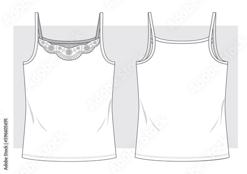 Jersey tank top with lace on front technical sketch. Vector illustration.