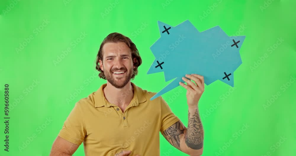 Speech bubble, social media and laughter with a man on a green screen background for humor or an announcement. Portrait, funny and a male person laughing while holding a poster with tracking markers Speech bubble, social media and laughter with a man on a green screen background for humor or an announcement. Portrait, funny and a male person laughing while holding a poster with tracking markers