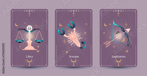 Libra, Scorpio, and Sagittarius zodiac symbols are hand drawing styles surrounded by moon and stars on a purple background, Fit for paranormal, tarot readers, and astrologers