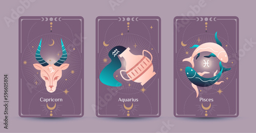 Capricornus, Aquarius, and Pisces zodiac symbols are hand drawing styles surrounded by moon and stars on a purple background, Fit for paranormal, tarot readers, and astrologers