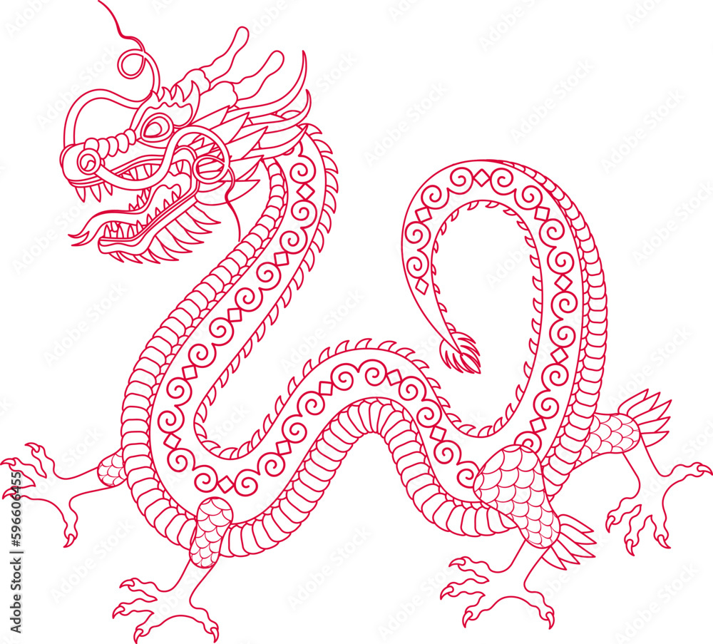 Obraz premium Traditional chinese red dragon outline vector illustration. Zodiac sign. Sacred animal, a symbol of goodness and power. Asian, japanese mascot and tattoo or T-shirt vector illustration.