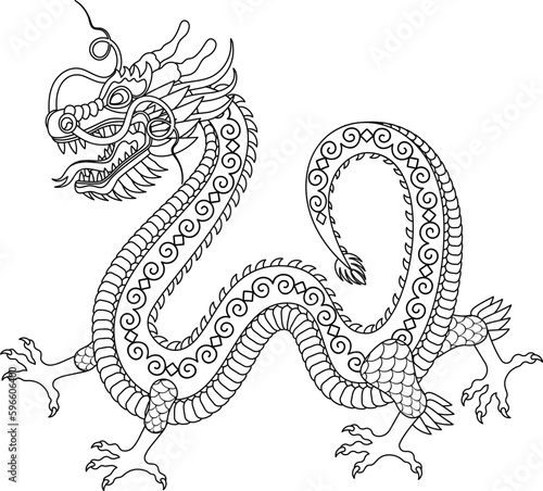 Traditional chinese dragon outline vector illustration. Zodiac sign. Sacred animal, a symbol of goodness and power. Asian, japanese mascot and tattoo or T-shirt vector illustration.