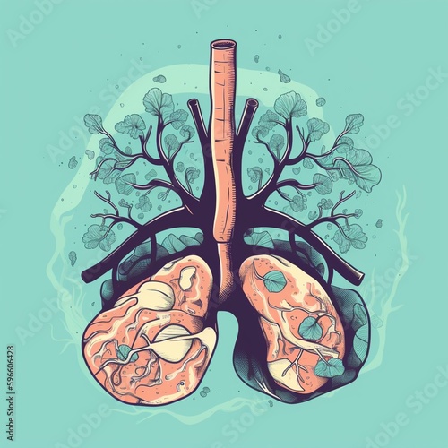 Cartoon lung cancer with tumor and smoking risk factors photo