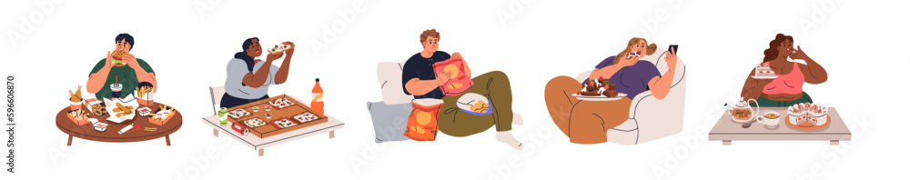 Plump people eating unhealthy fast food set. Overeating and gluttony concept. Fat chubby characters, hungry men, women with fatty snack. Flat graphic vector illustrations isolated on white background Plump people eating unhealthy fast food set. Overeating and gluttony concept. Fat chubby characters, hungry men, women with fatty snack. Flat graphic vector illustrations isolated on white background
