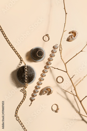 Ikebana kenzans with jewelry and tree branch on beige background