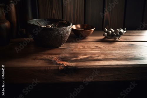 A dark rustic-looking wooden table with black grains. Generative AI