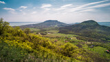Badacsony Hill and Gulács Hill in the spring, Badacsony wine region with the Lake Balaton in the background from Tóti Hill
