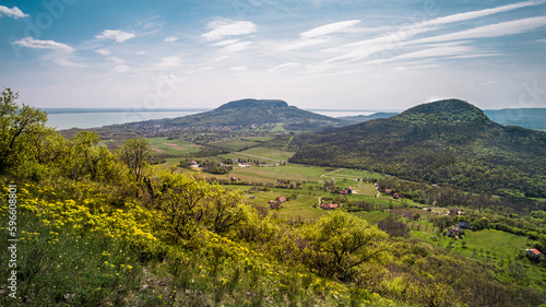 Badacsony Hill and Gulács Hill in the spring, Badacsony wine region with the Lake Balaton in the background from Tóti Hill