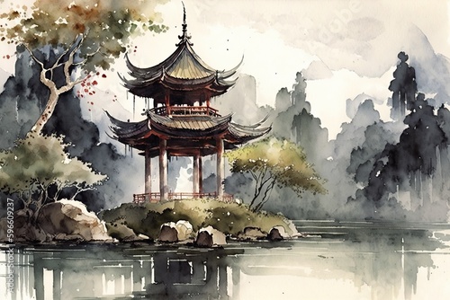 japanese landscape in watercolor with a fairy garden, ink landscape painting created digitally Generative AI