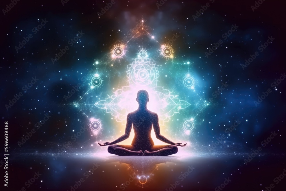 Man in meditation pose. Enlightenment psychic wave transcendence of consciousness generative ai Man in meditation pose. Enlightenment psychic wave transcendence of consciousness generative ai