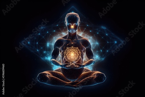 Man in meditation pose. Enlightenment psychic wave transcendence of consciousness generative ai photo