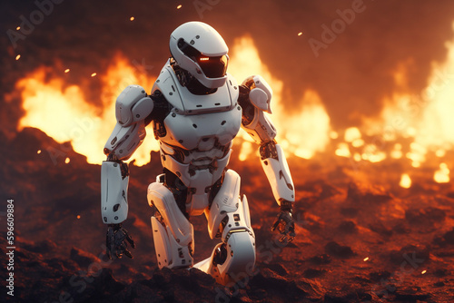 White high tech futuristic robot android destroying the world full on fire. Rise of the machines. flame and lava. Ai generated art. Epic cinematic movie style