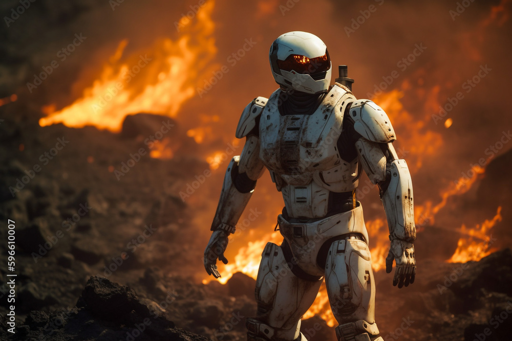 Fototapeta premium White high tech futuristic robot android destroying the world full on fire. Rise of the machines. flame and lava. Ai generated art. Epic cinematic movie style