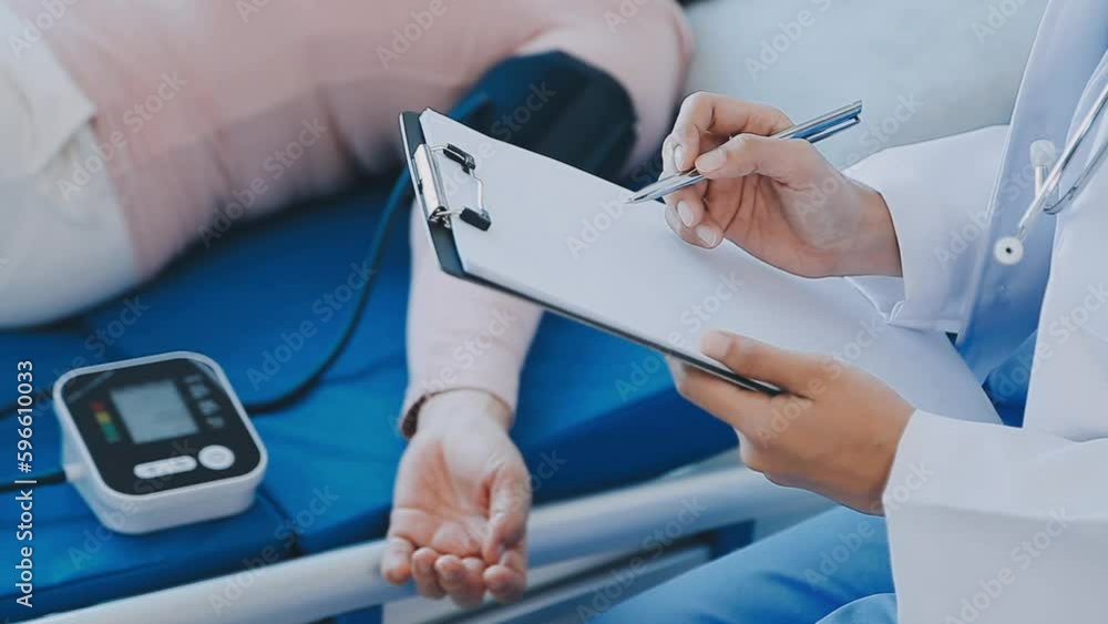 Doctor use stethoscope, checking up heart beat, auscultation in doctor office at hospital