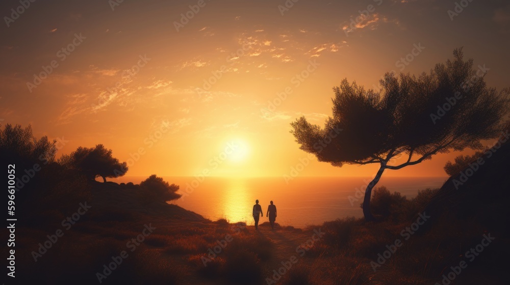 couple on the beach at sunset, generative ai