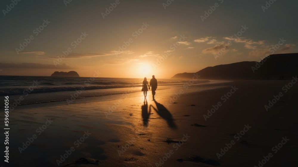 couple on the beach at sunset, generative ai