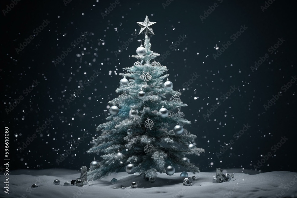 A snowy blue Christmas tree with hanging stars, baubles and snowflakes, rendered in 3D and isolated from background. Generative AI