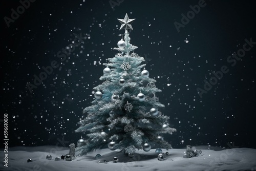 A snowy blue Christmas tree with hanging stars, baubles and snowflakes, rendered in 3D and isolated from background. Generative AI © Aeris
