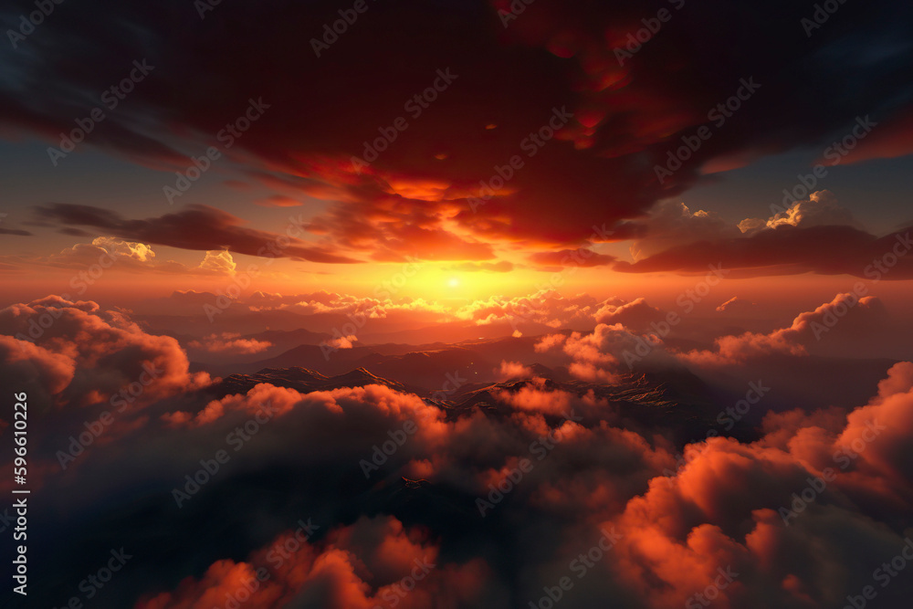 Sunset in the clouds. Generative AI.