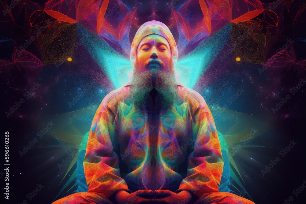 Fototapeta premium Man in meditation pose. Enlightenment psychic wave transcendence of consciousness generative ai
