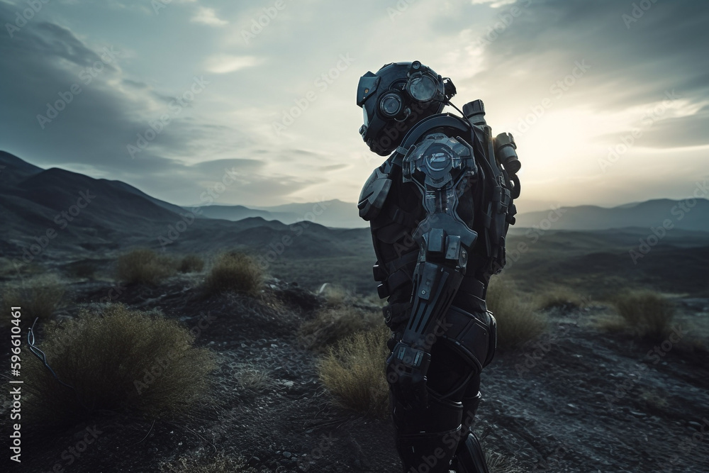 High tech armored black robot exploring new planet. Dark nature landscape. Humanoid robot replace the human. Ai generative art High tech armored black robot exploring new planet. Dark nature landscape. Humanoid robot replace the human. Ai generative art