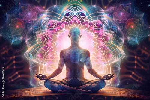 Man in meditation pose. Enlightenment psychic wave transcendence of consciousness generative ai photo
