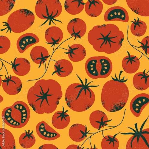 Tomato seamless pattern with yellow background. Whole and half cut tomatoes. Textured retro style. 