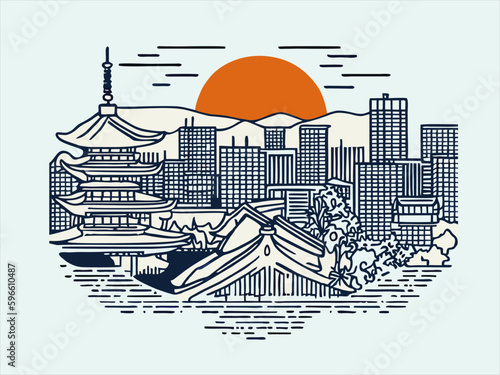 Kyoto skyline, Japan. hand drawn, Vector illustration, linear style, for posters, banners and shirts