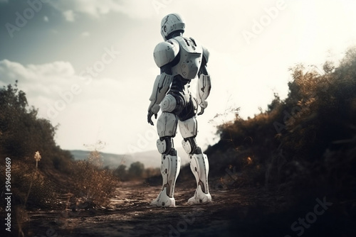 Futuristic white android robot stands, exploring new planet. Nature landscape. Humanoid robot replace the human. Ai generative art