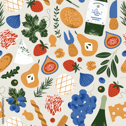 Charcuterie board seamless pattern. Assortment of wine appetizers. Antipasti. 
