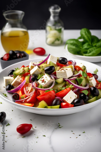 Greek salad with fresh vegetables, feta cheese and kalamata olives. Healthy food. Generative ai.