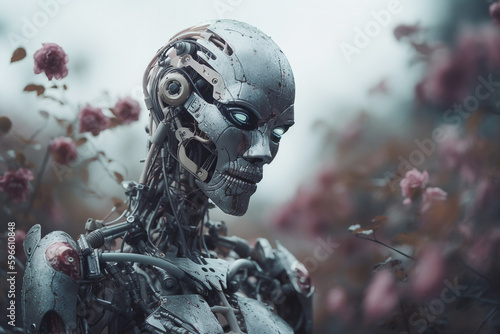 High tech android robot stands in nature. Humanoid robot replace the human. Ai generative art