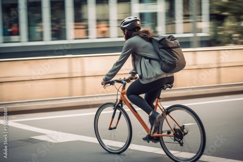 an 30s woman biking to work on a bicycle wearing a backpack. generative AI photo