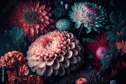 Colorful background with flowers. Retro floral wallpaper. AI