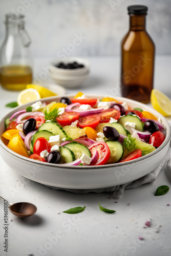 Greek salad with fresh vegetables, feta cheese and kalamata olives. Healthy food. Generative ai.