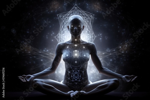woman in meditation pose. Enlightenment psychic wave transcendence of consciousness generative ai