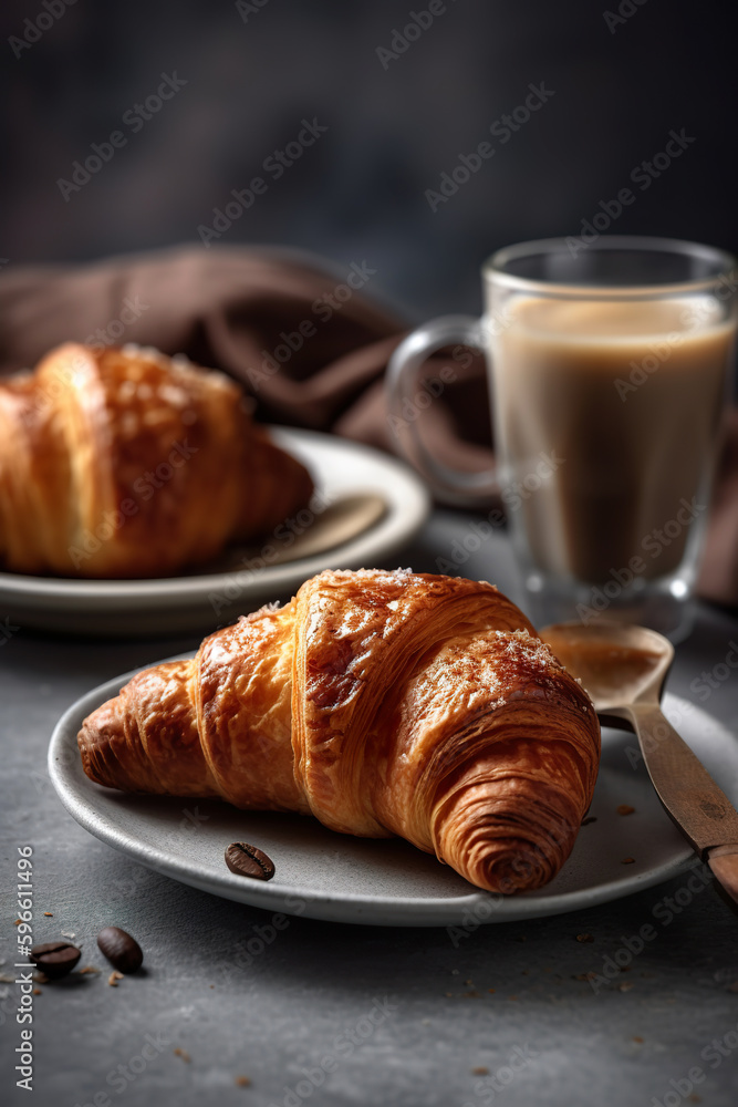 Croissants and coffee in cup on rustic wood, generative ai.