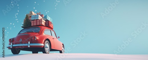 Retro car with christmas tree and gift boxes on the roof in the cute city. Retro car carrying christmas tree on roof on snowy winter background. Christmas background. Created with AI tools