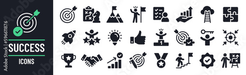 Success icon collection. Containing motivation, winner, goal, marketing plan, medal, target and business strategy icons. Solid icon set. Vector illustration.