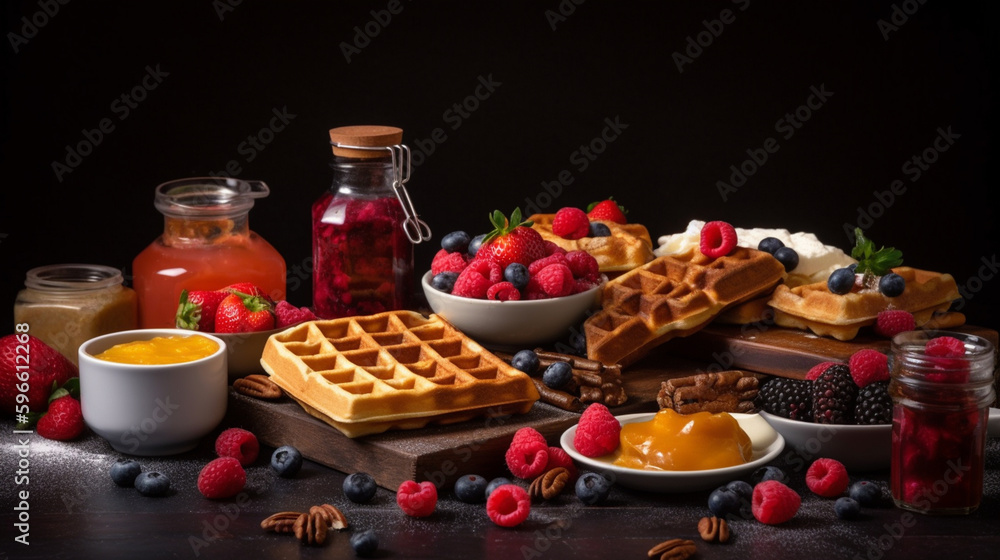 Delicious Belgian waffles with berries, fruits, whipped cream and various sweet fillings.Generative AI