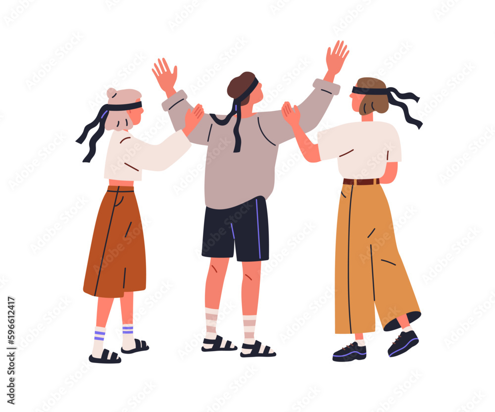 Blindfold people, society avoiding to see, ignoring, escaping from reality, hiding eyes. Blind faith, belief, delusion, ignorance concept. Flat graphic vector illustration isolated on white background Blindfold people, society avoiding to see, ignoring, escaping from reality, hiding eyes. Blind faith, belief, delusion, ignorance concept. Flat graphic vector illustration isolated on white background
