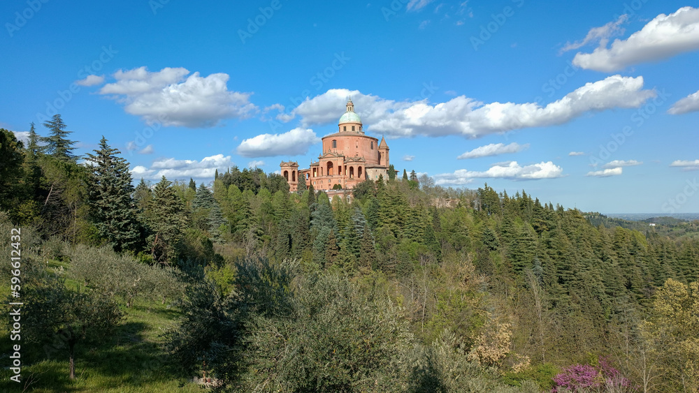 Panoramic view of the Sanctuary of Madonna di San Luca, Bologna.