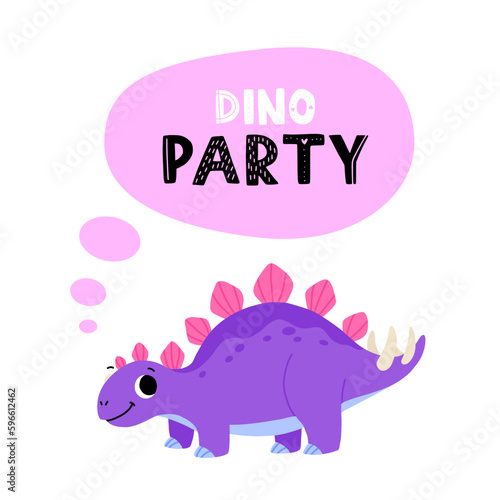 Hand drawn cartoon stegosaurus. Cute dino with the phrase dino party. Print for a poster, greeting card or t shirt
