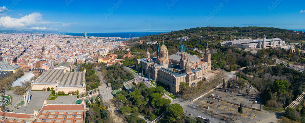 Aerial of the palace in Barcelona on a sunny day in spring.