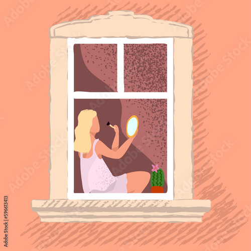 Woman doing makeup sitting on windowsill vector