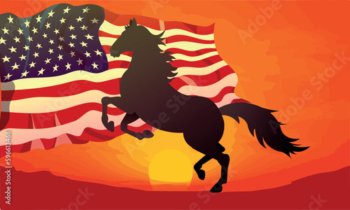 silhouette of black stallion horse against the sunset and US American waving flag patriotic proud background