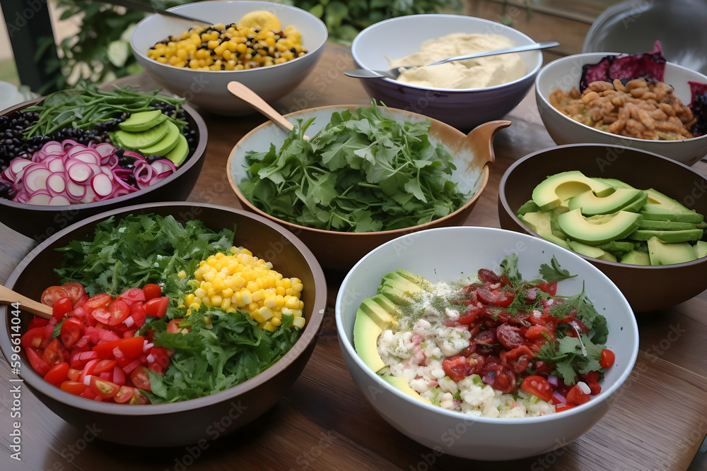 Salads, made with fresh greens and a variety of toppings, are a healthy and satisfying summer meal, perfect for lunch on a sunny patio or a picnic in the park Salads, made with fresh greens and a variety of toppings, are a healthy and satisfying summer meal, perfect for lunch on a sunny patio or a picnic in the park