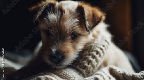 Sleepy Little Puppy Squinting on Cozy Soft Background. Small Tired Dog Resting. AI Generative